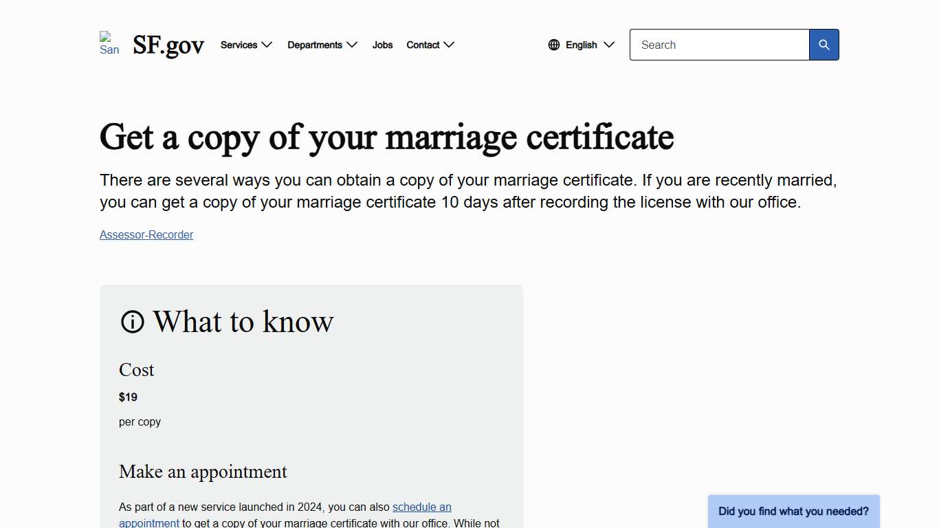 Get a copy of your marriage certificate | SF.gov
